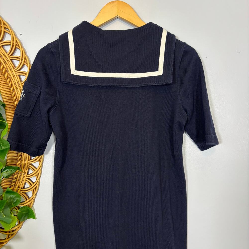 Navy Sailor Collar Cotton Maxi Dress Nautical Classic Vtg | True Summer - Picture 8 of 8